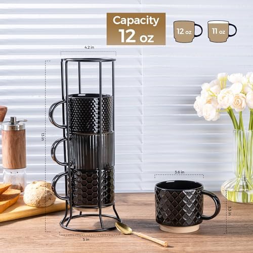 GBhome 12 OZ Stackable Coffee Mugs Set of 4, Ceramic Black Coffee Cups Set - Image 3
