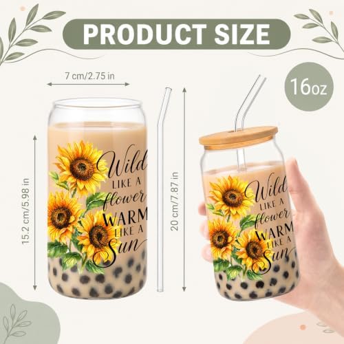 Glass Cups with Lids and Straws, 6 Pack, 16oz, Sunflower - Image 2
