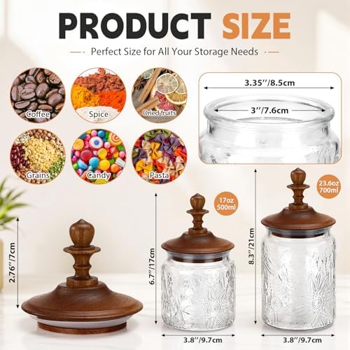 Suclain 6 Pack 24 oz Glass Spice Jars with Dark Wood Lids Vintage Canisters with Begonia Pattern Airtight Food Storage Container for Home Kitchen Tea Coffee Spice Pantry Organization Decorations - Image 2