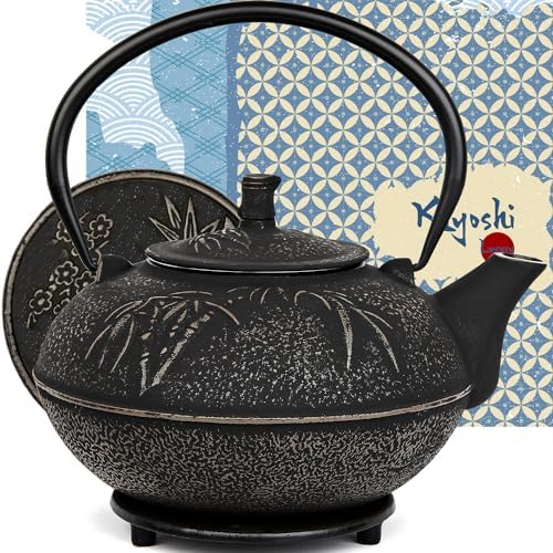 85 Oz XXL Black Bamboo Cast Iron Teapot, Enamel Interior, Infuser & Trivet by KIYOSHILuxury