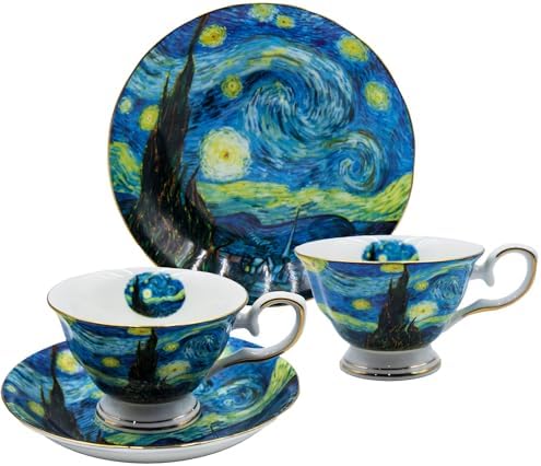 Floral Tea Cups Saucers Set of 2, Bone China 7 oz British Teacups Porcelain Coffee Cup for Rose Tea Cappuccino Espresso Latte (Starry Sky & Starry Sky) by AOTELIDA
