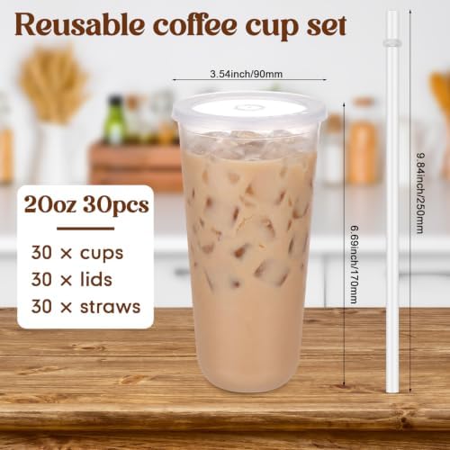 Lounsweer 30 Pcs Clear Reusable Cups with Lids and Straws, 20oz, White - Image 3