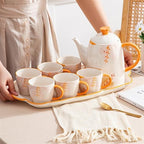 Water Pitcher Household Cold Kettle, Essential Ceramic Tea Set for Home, 8-piece Set, Creative Floral Tea Set, Souvenir Gift Water Jug - Image 7