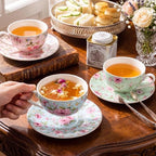 4 Set Tea Cups and Saucers, 6.7oz Ceramic Cup Set, Vintage Floral - Image 3
