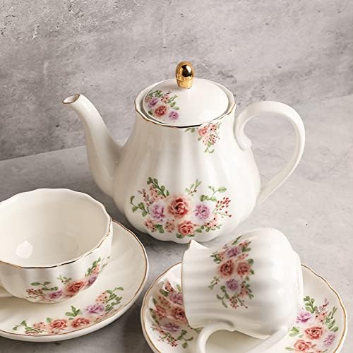 Porcelain Tea Sets British Royal Series, 8 OZ Cups& Saucer Service for 6, with Teapot Sugar Bowl Cream Pitcher Teaspoons and tea strainer and Display Stand for Tea/Coffee (Rose Flower) - Image 3