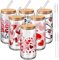 SiliFine 6 Pcs Valentine Heart Glass Cups, 16 oz with Lids and Straws by SiliFine