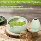 Ceramic matcha agitator, Matcha Whisk and Bowl Tea Set 5Pcs Ceremony Chasen Tool Stand for Beginners Kit(Green) - Image 4