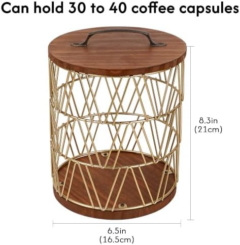Gold Coffee Pod Holder Geometric V-Shape Wire Storage Basket with Wood Lid - Image 2