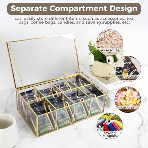 Gold Glass Tea Bag Organizer, Tea Box, Tea Bag Container (8 Compartments) - Image 3