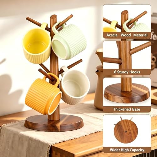 Acacia Wood Coffee Mug Tree Holder Countertop with 6 Hooks - Image 3