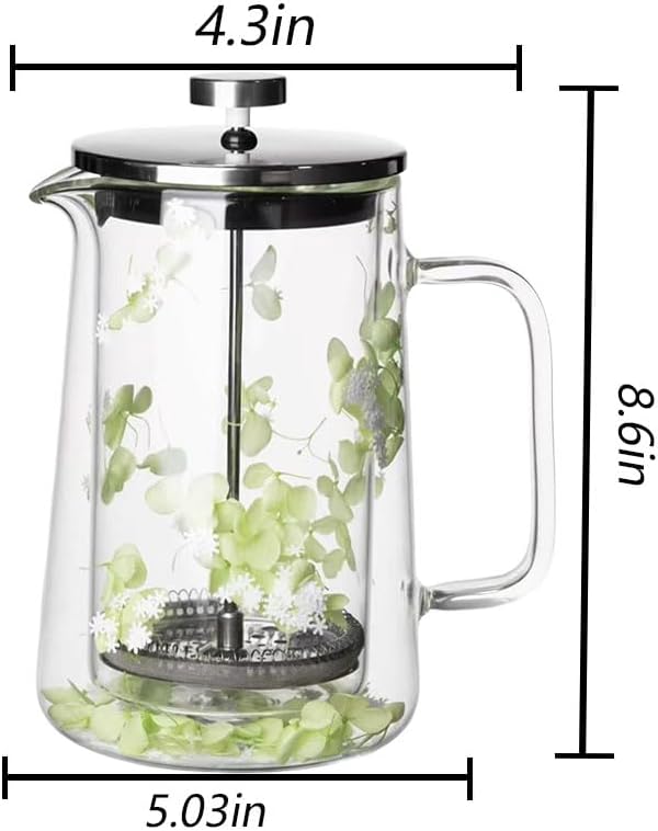 Glass French Press Coffee Maker 34oz, Embedded Dried Flower Double Wall Borosilicate Coffee Press, No Plastic, 4-Level Stainless Steel Filter for Tea & Cold Brew, Cute Decorative Design - Image 2