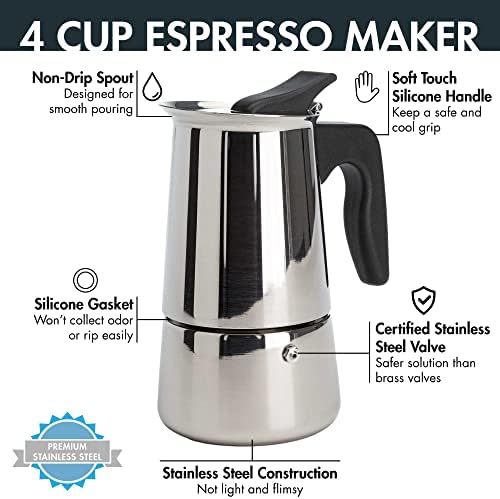 Primula Stainless Steel Stovetop Espresso Coffee Maker, 4-Cup, 3.5"D x 5"W x 7"H, Black Handle - Image 2