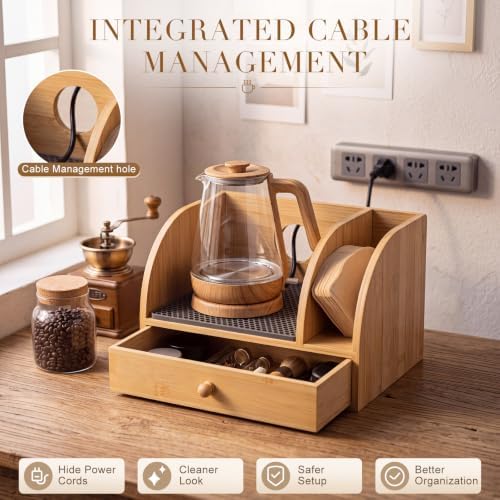 Geelin Bamboo Coffee Pour over Caddy, Wood Coffee Bar Station Organizer Stand with Drawer, Filter Holder and Heatproof Mat for Kitchen Counter Bar Home - Image 5