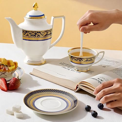 Luxury White & Gold Embossed Tea Cups and Saucers with Teapot, Sugar Bowl, & &Creamer, Vintage European Porcelain Coffee Set for Tea Party, Wedding, Gift (Gold&Navy Blue, 17pcs/set) - Image 2
