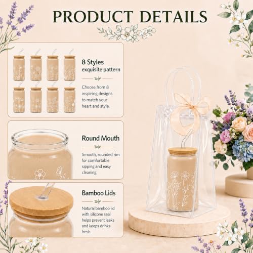 Iced Coffee Mugs, 8 Sets, Glass, 16 oz, Reusable, Floral White - Image 3