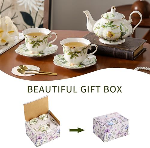 TATSUMI Country Roses Porcelain Tea Set, European Ceramic tea set for one or two,Vintage Style, For Women and Tea Parties (Green, 7 Pieces Set) - Image 3