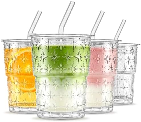 INSETLAN Iced Coffee Cups with Lids and Straws, 13 oz Glass Tumbler by INSETLAN