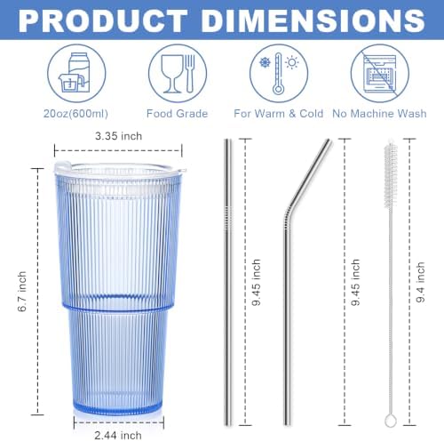 8 Pcs 20oz Acrylic Ribbed Tumblers with Lid and Straws Blue Plastic Reusable Iced Coffee Cups with Lid Unbreakable Vintage Ribbed Drinking Glasses Tumbler for Juice Smoothie Beverage with Clean Brush - Image 4