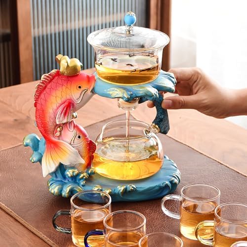 YUDIZWS Lazy Kungfu Drip Teapot,Heat Resistant Tea Set,Sturdy High Borosilicate Glass Teapot,Magnetic Water Diversion Semi-Automatic Teapot Set Magic Tea Set of Holiday Gifts,A fish tea set - Image 3