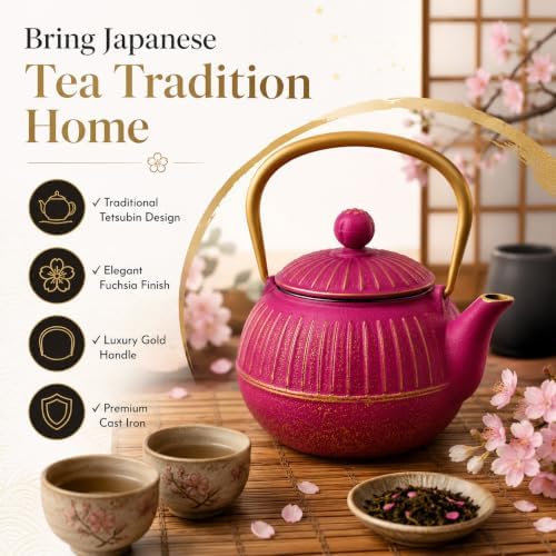 WD Lifestyle Cast Iron Teapot, Fuchsia, Japanese Style Tea Kettle with Stainless Steel Infuser, Enameled Interior, Ergonomic Gold Handle, Heavy Duty Tetsubin Tea Pot for Loose Leaf Tea 16 Oz - Image 2