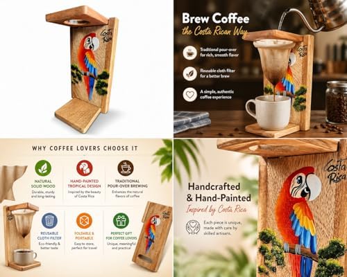 Tapanti store.Chorreador,Costa Rican handcrafted foldable wooden pour-over coffee maker.Includes a reusable cloth filter.Hand painted Macaw wooden design.Light Cedar.Perfect for travel (Red) - Image 4