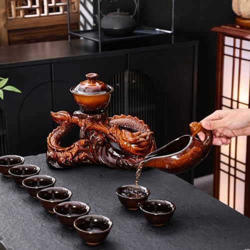 Ceramic Teapot with Infuser Chinese Gongfu Tea Set, 8 Cups, Semi Automatic Dragon Design for Loose Leaf Tea - Image 6
