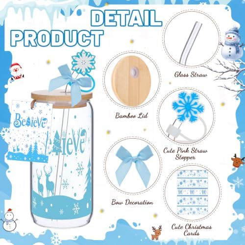 Vesici 6 Set Christmas Glasses Cups 16 oz Winter Drink Cup with Lid Straw and Stopper Can Shaped Beer Tumbler Xmas Appreciation Gifts with Cards and Bow for Women Birthday Party Favor(Wonderland) - Image 4