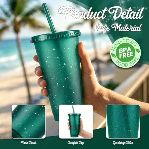 24 Pcs Green Tumblers with Straw & Lid - 24oz Coffee Cups - Image 3