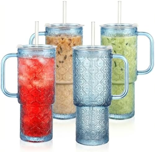 20 oz Blue Glass Tumbler with Lid and Straw, Glass Iced Coffee Cups, Spill-proof Glasses Tumbler with Handle, Hobnail Glasses Drinking Set of 4, Vintage Glassware for Cocktail, Smoothies by Unknown