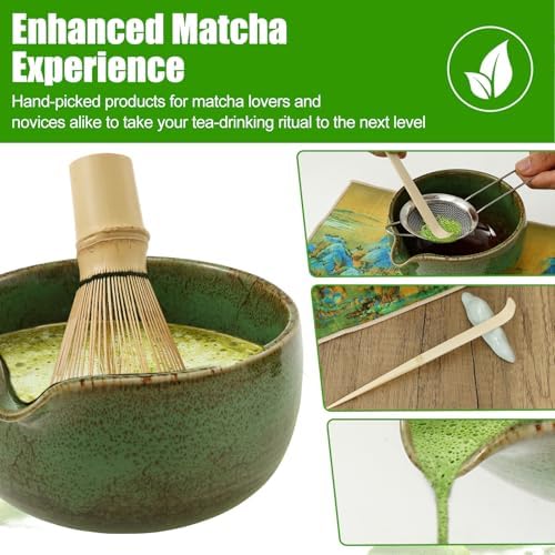 7 Pcs Matcha Whisk Set for Beginners Elegant Bamboo Japanese Matcha Tea Making Kit with Whisk Holder Scoop Sifter for Tea Lover(Military Green) - Image 3