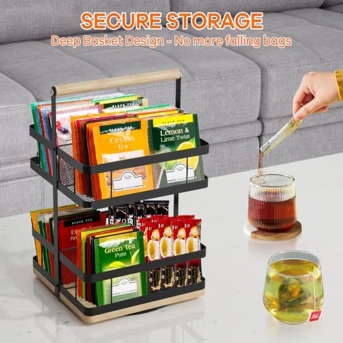 Tea Bag Organizer, 2-Tier 360° Rotating Tea Bag Holder Organizer, 8-Baskets Tea Holder Accessories Holds 120+ Tea Bags, Gift for Decor Kitchen, Cabinet, Bar Countertop Storage - Image 3