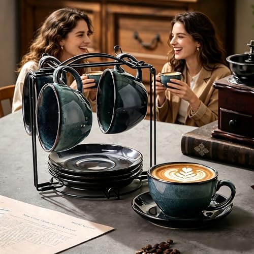 4 Sets of 8 oz Green Reactive Glaze Coffee Cups with Saucers, Ceramic Espresso Cups Set with Black Metal Stand – Unique Variegated Finish Stoneware Demitasse for Latte, Cappuccino or Gift - Image 6