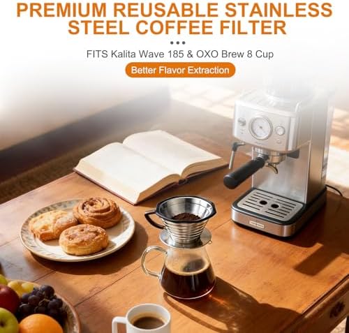 Kalita Wave 185 & Oxo 8 Cup Coffee Filter, Reusable Stainless Steel - Image 3