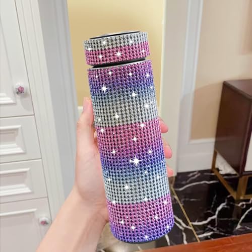 17 oz Bling Stainless Steel Water Bottle Rhinestone Vacuum Water Bottle Glitter Bottles Diamond Vacuum Flask Mug Gift Girls Women (500ml), Red+Purple+White - Image 3