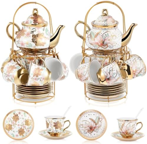 Zhehao 40 Pcs Porcelain Tea Set for Adult, with Metal Holder, Vibrant by Zhehao