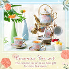 Zhehao 20 Pcs Porcelain Tea Set for Adult, with Metal Holder, Vivid - Image 3