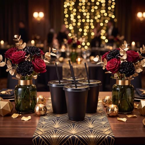Sieral 45 Pack Reusable Plastic Cups with Lids Straws,Black Colors - Image 2