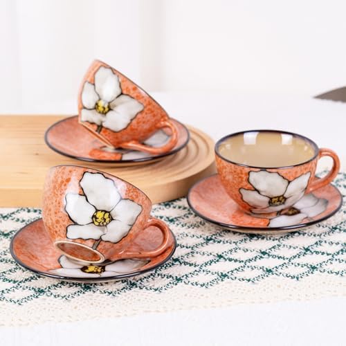 8 Oz Floral Porcelain Cappuccino Cups with Saucers Set of 4, Stoneware Tea Coffee Mugs for Home Kitchen & Office, Dishwasher Microwave Oven Safe, for Espresso, Latte, Americano, Milk & Tea, Pink - Image 2