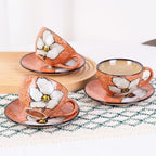 8 Oz Floral Porcelain Cappuccino Cups with Saucers Set of 4, Stoneware Tea Coffee Mugs for Home Kitchen & Office, Dishwasher Microwave Oven Safe, for Espresso, Latte, Americano, Milk & Tea, Pink - Image 2