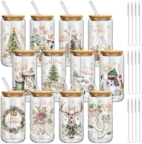 Teenyyou 12 Set of Glasses with Bamboo Lid and Glass Straw 16 oz(Christmas tree) by Teenyyou