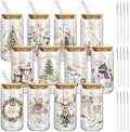 Teenyyou 12 Set of Glasses with Bamboo Lid and Glass Straw 16 oz(Christmas tree) by Teenyyou