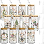 Teenyyou 12 Set of Glasses with Bamboo Lid and Glass Straw 16 oz(Christmas tree) by Teenyyou