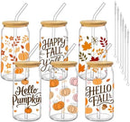Fall Glass Cups with Lids and Straws, 6 Pack, 16oz, Hello Pumpkin by Culudea
