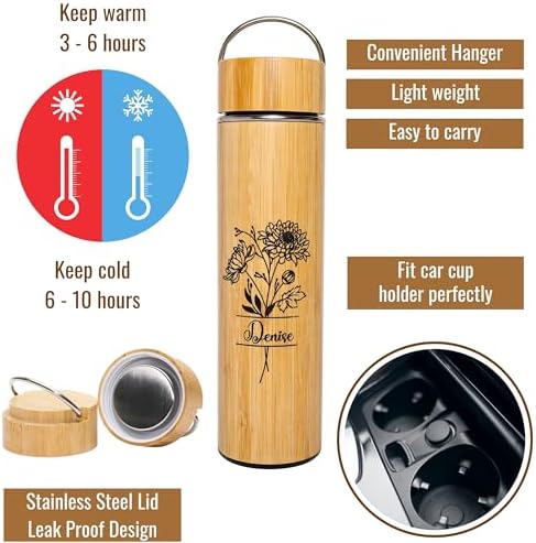 Personalized Gifts 15 oz Tea Tumbler Laser Engraving Bamboo Water Bottle Custom Name Birth Month Flower Gift for Mom, Birthday Gifts, Family Christmas Gift - Image 4