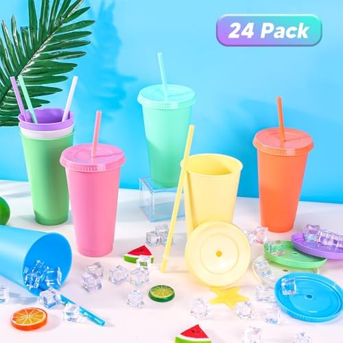 24 Pack Plastic Tumblers with Lids and Straws, Reusable Cups with Lids Plastic Colorful Cups for Parties Birthdays, Iced Coffee Cup Cold Drink Cups Bulk Tumblers (24 oz, Macaron Colors) - Image 2