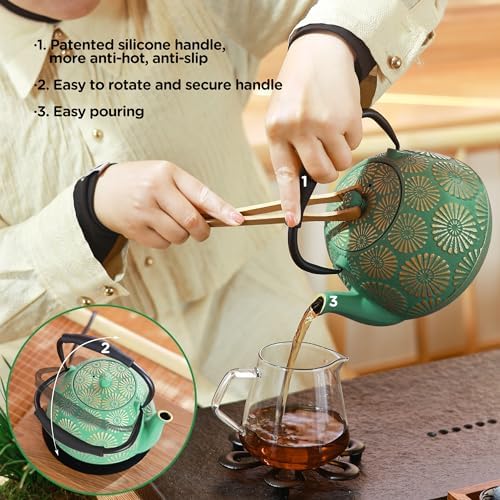 Cast Iron Teapot, 40oz Tea Kettle with Infuser for Stove Top, Sakura Design Japanese Tea Pot for Loose Leaf Coated with Enameled Interior, Silicone Handle 1200ml Green - Image 4