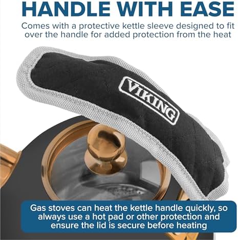 Viking 3-Ply Stainless Steel Tea Kettle, 2.6 Quart Stovetop Hot Water Pot with Tempered Glass Lid, Ergonomic Handle, Induction Ready, Matte Black and Copper - Image 5