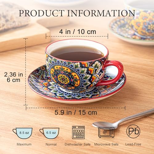 Henten Home 8.5 oz Ceramic Cappuccino Cups, Latte Cup with Saucers Set of 6 - Image 2