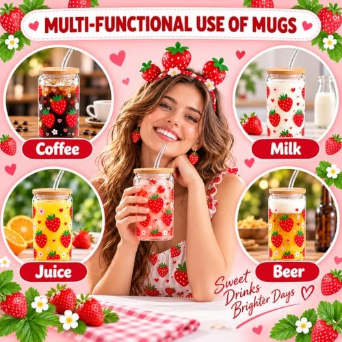 Vesici 6 Pcs Strawberry Glasses with Lid Straw and Stopper, Strawberry Gift - Image 4
