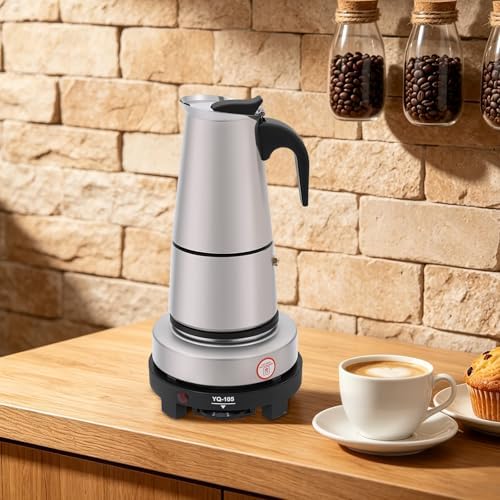 Moka Pot Stainless Steel Coffee Pot Stovetop Espresso Maker Percolator Italian Coffee Maker 300ml/10oz/6 cup W/Electric Stove (6 Cup) - Image 2